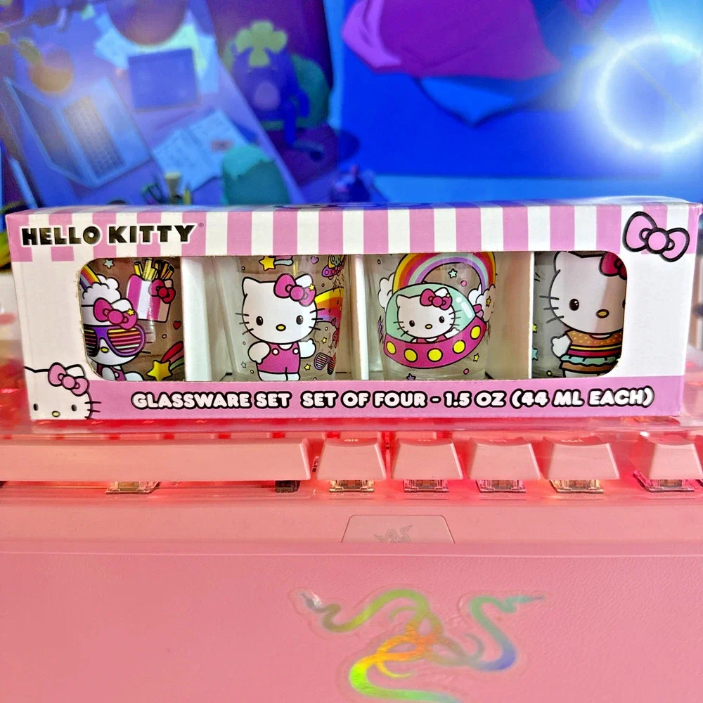 Hello Kitty Shot Glass Set 4 Glassware 1.5oz Hamburger UFO Rainbow Sanrio Small